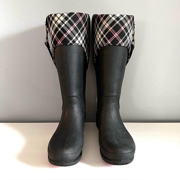 CROCS Shoes - CROCS Bridle Wellie Black + Red Plaid Tall Rubber Rain Boots Size 10 Women's